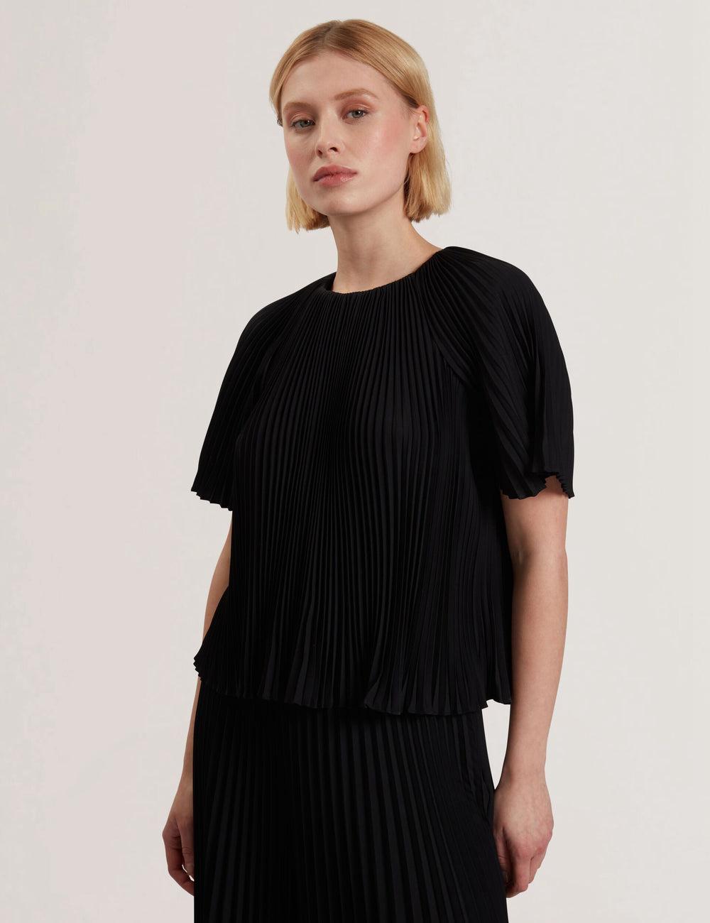 Ted Baker AGARA - Pleated Short Sleeve Woven Women Blouses Black | UAE  38564-HRKY
