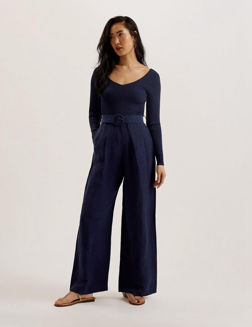 Ted Baker AGATEA - Off Shoulder Belted Wide Leg Women Jumpsuits Navy | UAE  70918-FALD