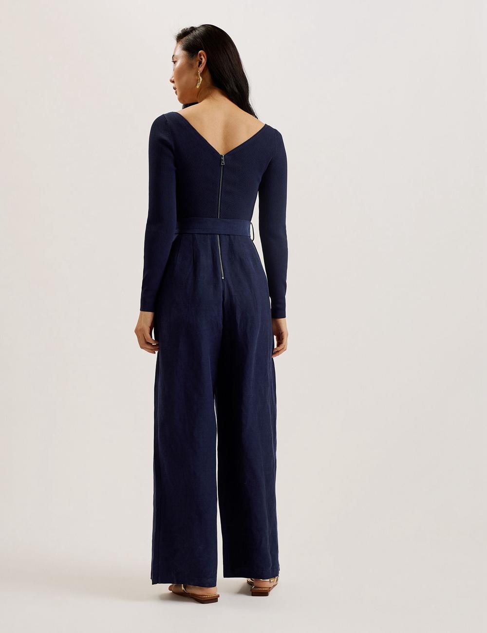Ted Baker AGATEA - Off Shoulder Belted Wide Leg Women Jumpsuits Navy | UAE  70918-FALD