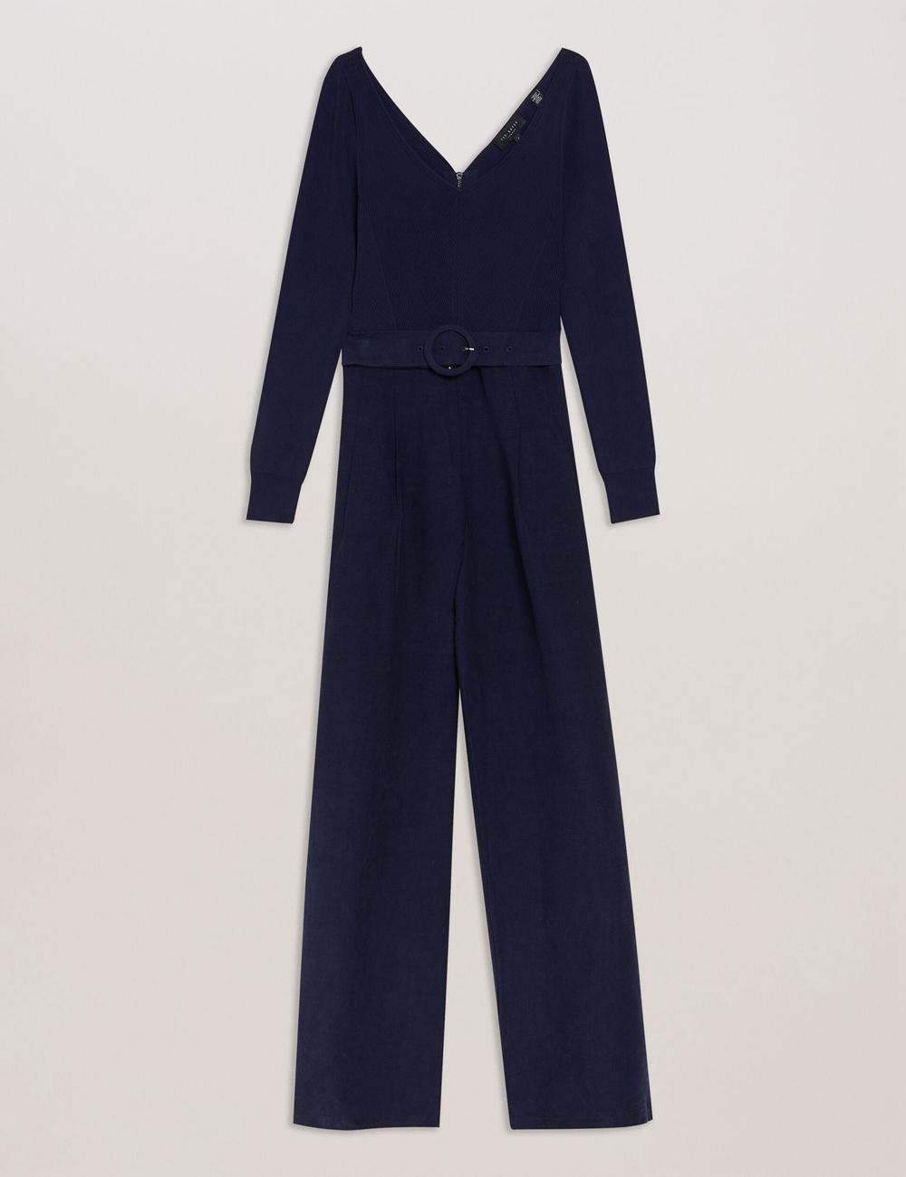 Ted Baker AGATEA - Off Shoulder Belted Wide Leg Women Jumpsuits Navy | UAE  70918-FALD