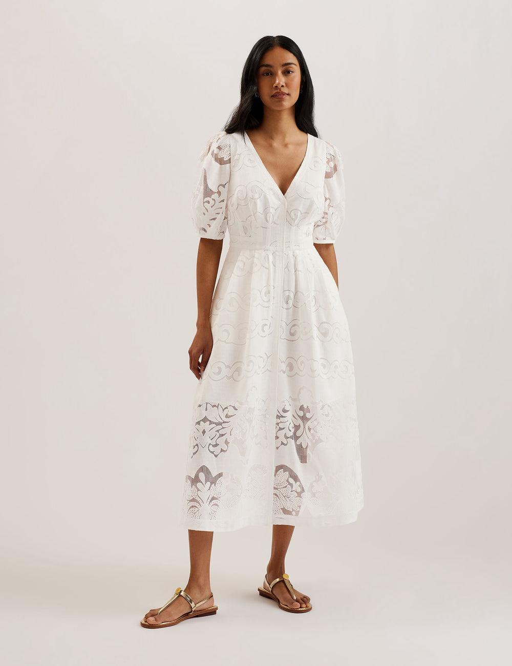 Ted Baker AGNEL - Lace Puff Sleeve Cotton Blend Women Midi Dresses White | UAE  36791-OAEZ