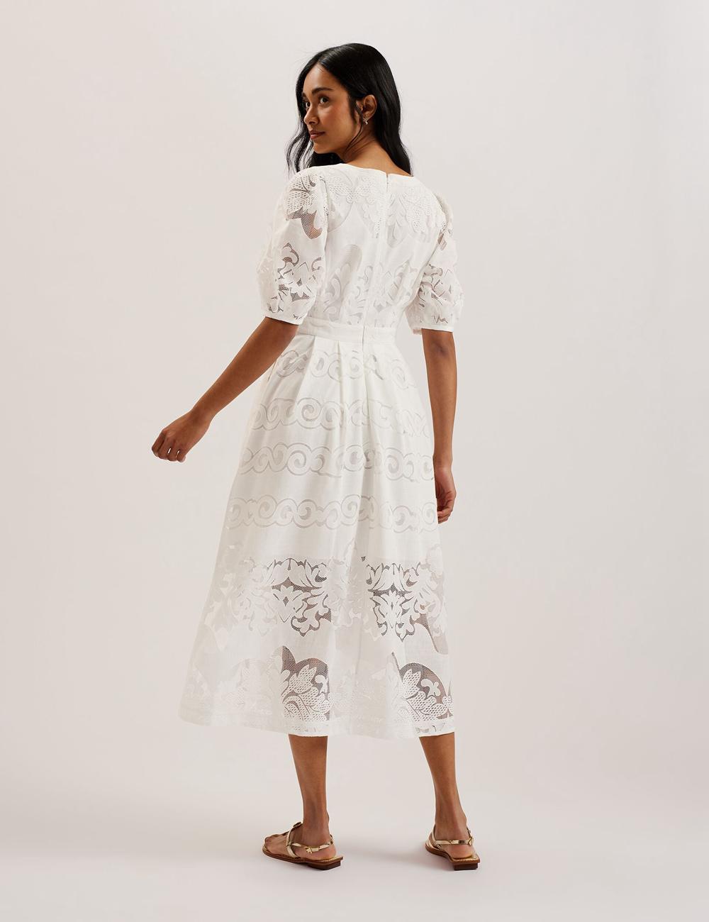 Ted Baker AGNEL - Lace Puff Sleeve Cotton Blend Women Midi Dresses White | UAE  36791-OAEZ
