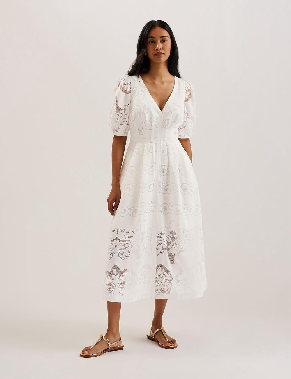 Ted Baker AGNEL - Lace Puff Sleeve Cotton Blend Women Midi Dresses White | UAE  36791-OAEZ