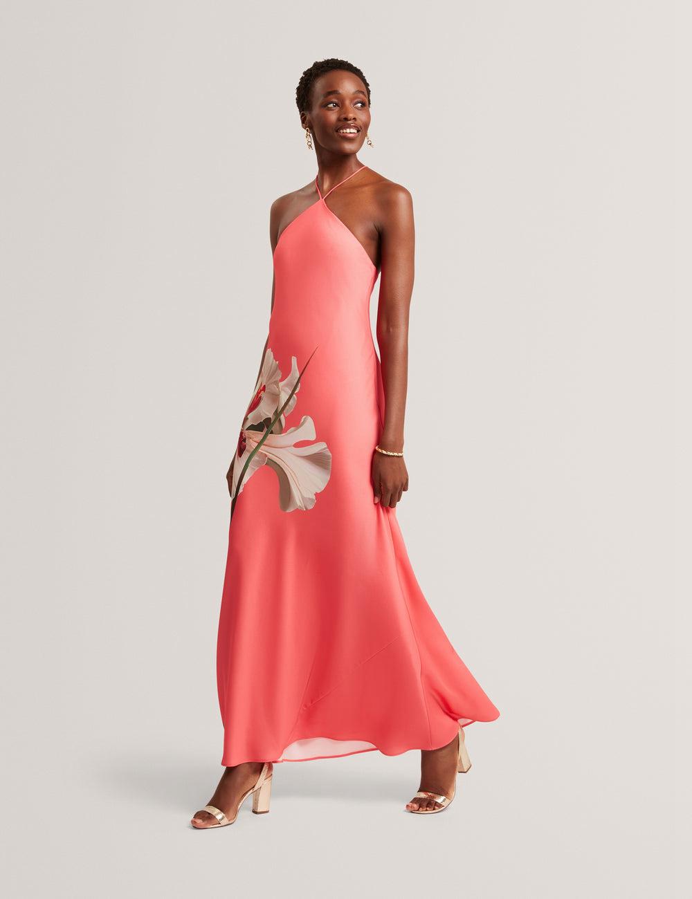 Ted Baker AJIMA - Floral Graphic Halter Neck Satin Women Maxi Dresses Coral | UAE  85306-ZHSD