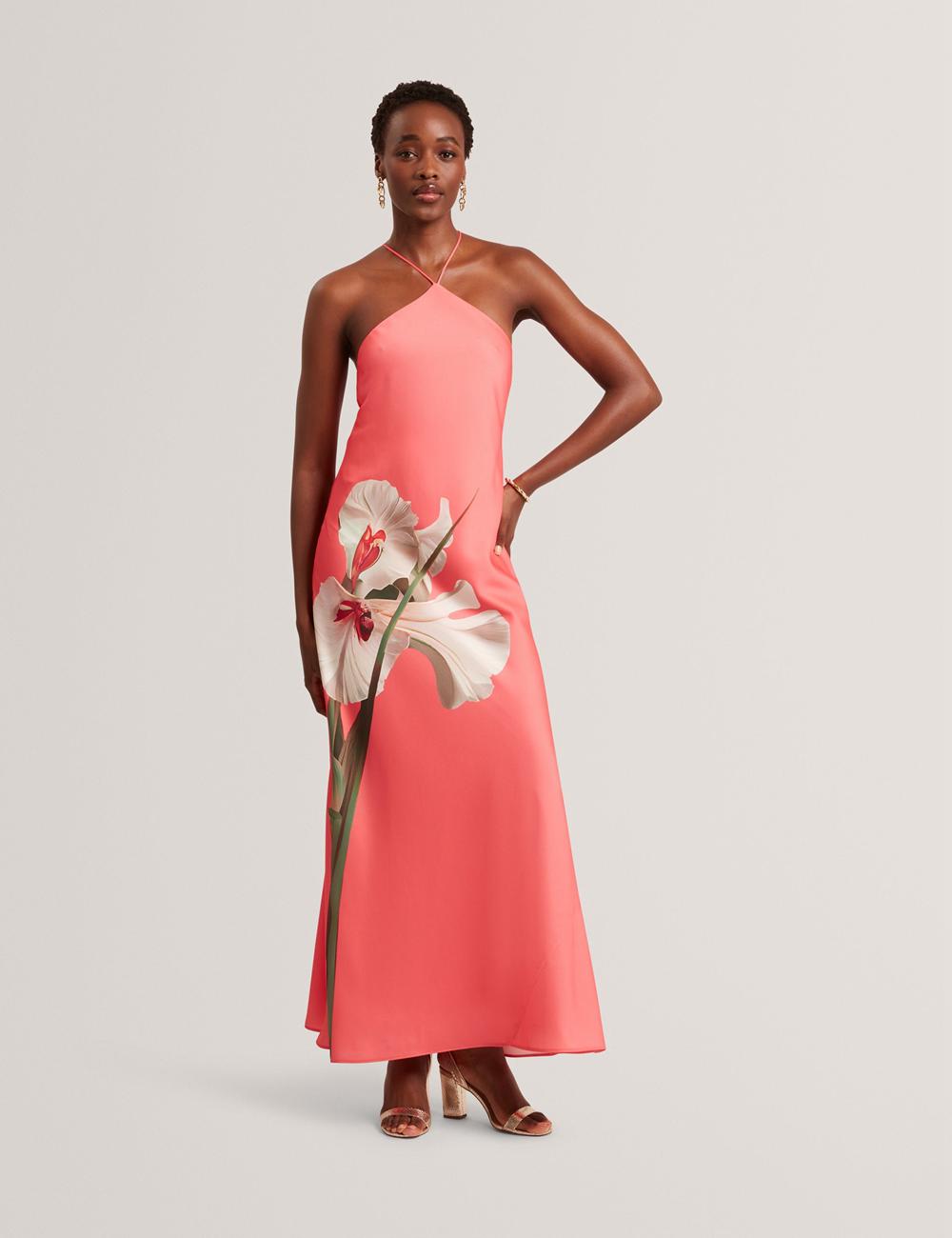 Ted Baker AJIMA - Floral Graphic Halter Neck Satin Women Maxi Dresses Coral | UAE  85306-ZHSD