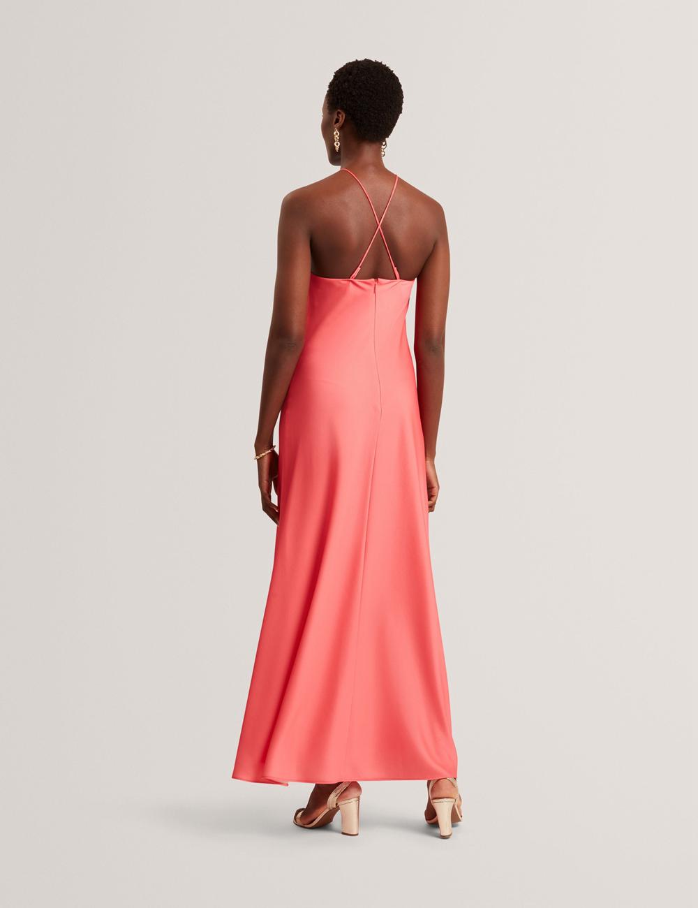 Ted Baker AJIMA - Floral Graphic Halter Neck Satin Women Maxi Dresses Coral | UAE  85306-ZHSD