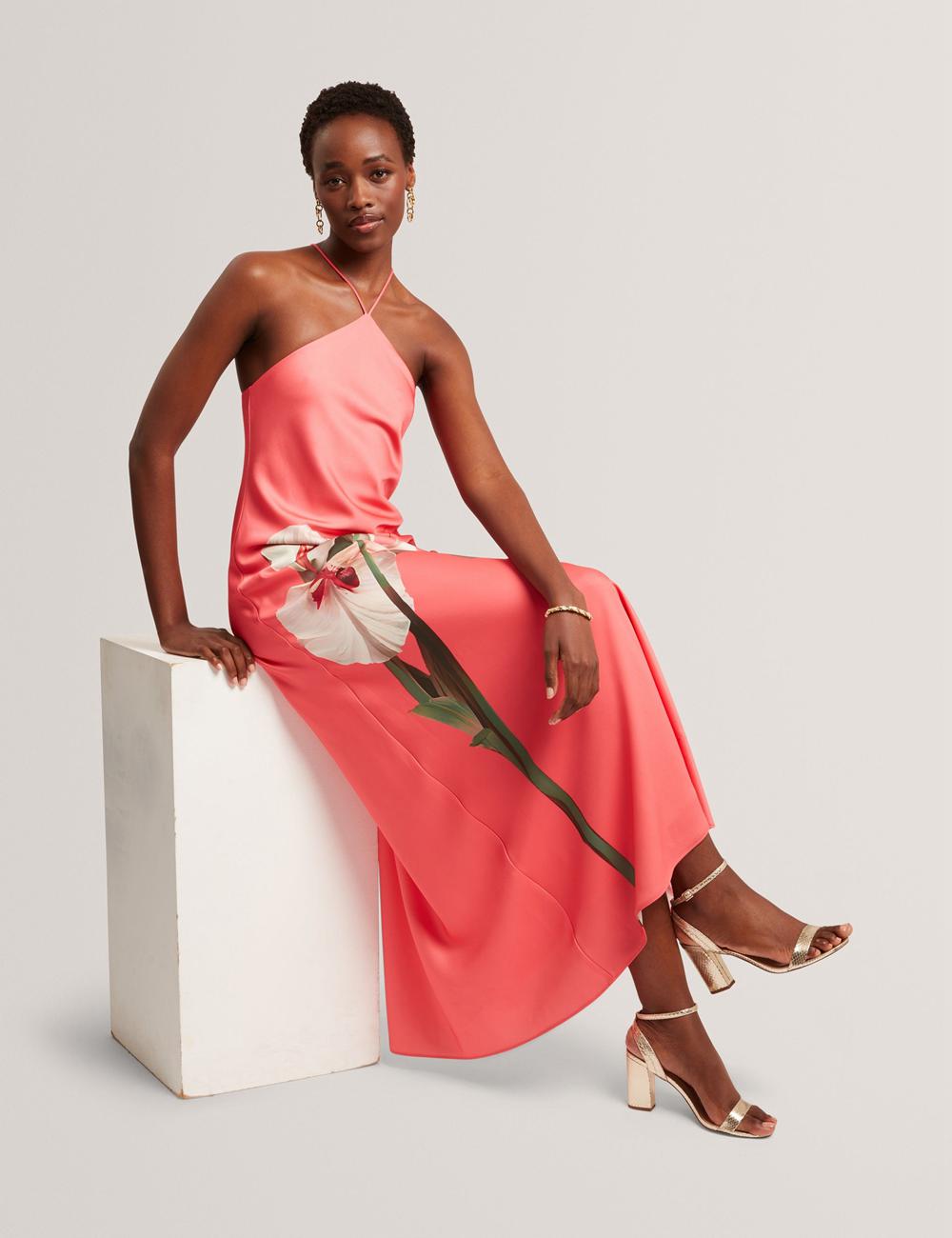 Ted Baker AJIMA - Floral Graphic Halter Neck Satin Women Maxi Dresses Coral | UAE  85306-ZHSD