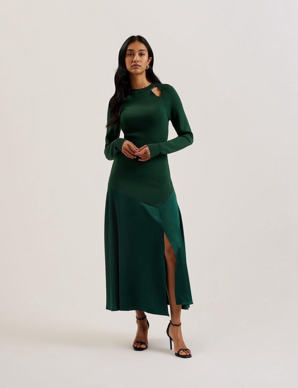 Ted Baker ALFEIOS - Long Sleeve Satin Skirt Women Midi Dresses Dk-Green | UAE  20347-DJSV