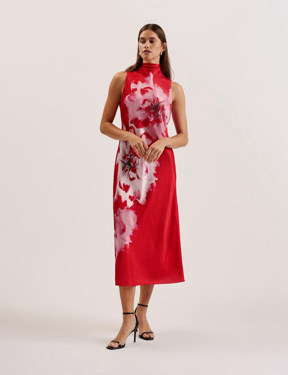 Ted Baker ALIARA - Floral Satin High Neck Sleeveless Women Midi Dresses Red | UAE  93467-PFJK