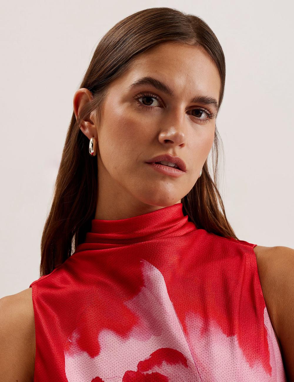 Ted Baker ALIARA - Floral Satin High Neck Sleeveless Women Midi Dresses Red | UAE  93467-PFJK