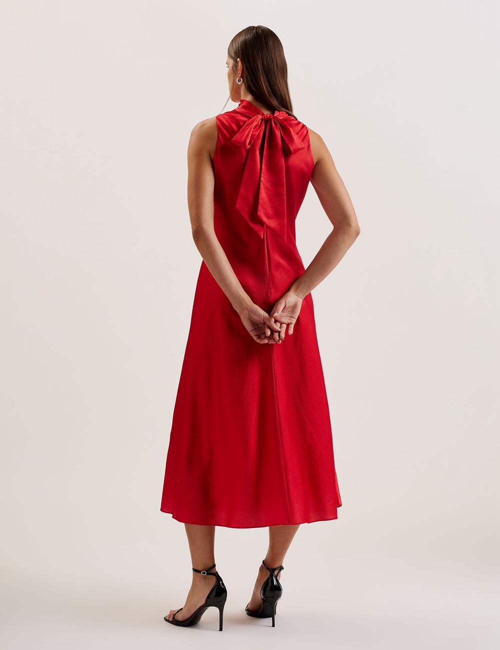 Ted Baker ALIARA - Floral Satin High Neck Sleeveless Women Midi Dresses Red | UAE  93467-PFJK