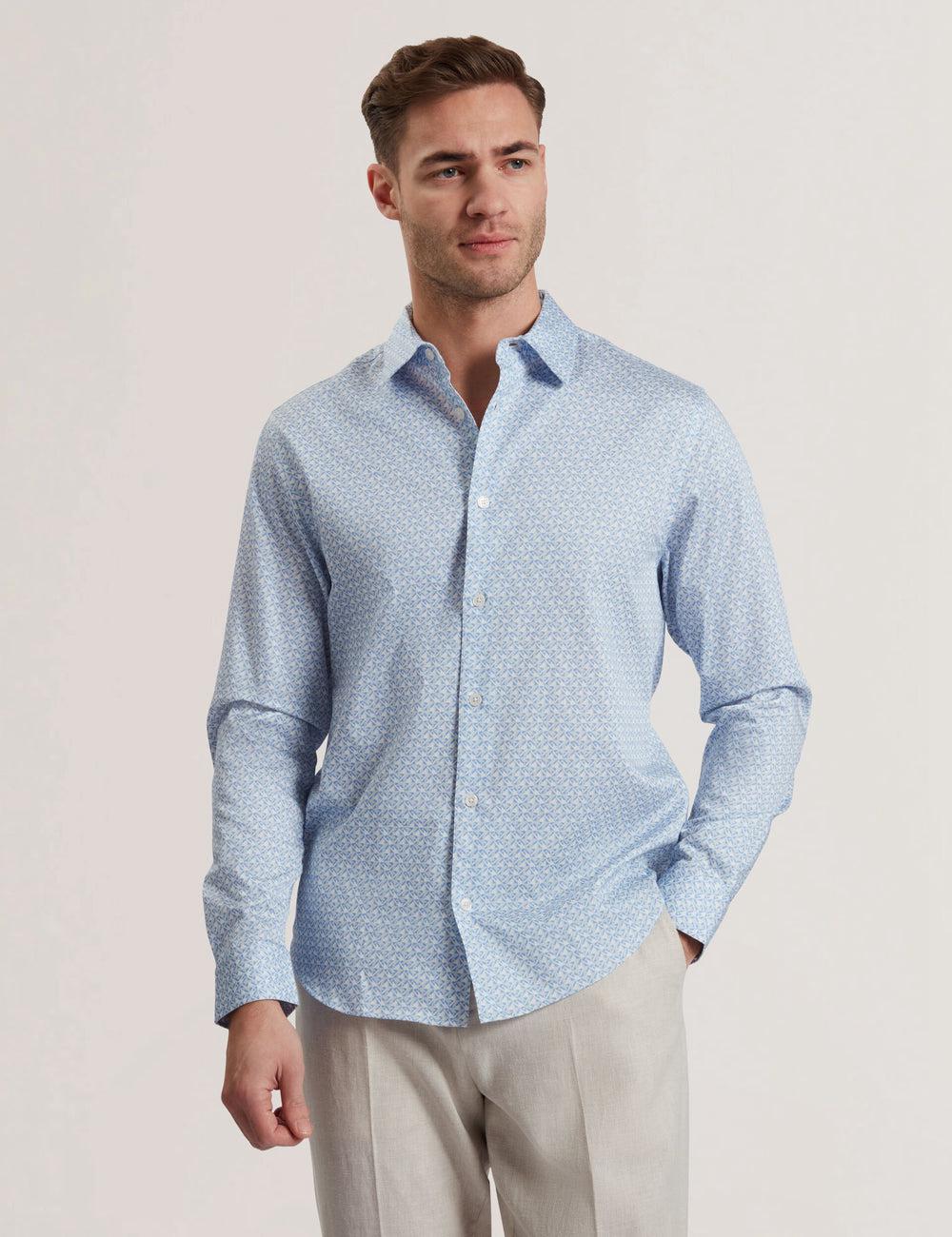 Ted Baker ALPHAIS - Regular Fit Geometric Pure Cotton Men Casual Shirts Mid-Blue | UAE  23164-RELD