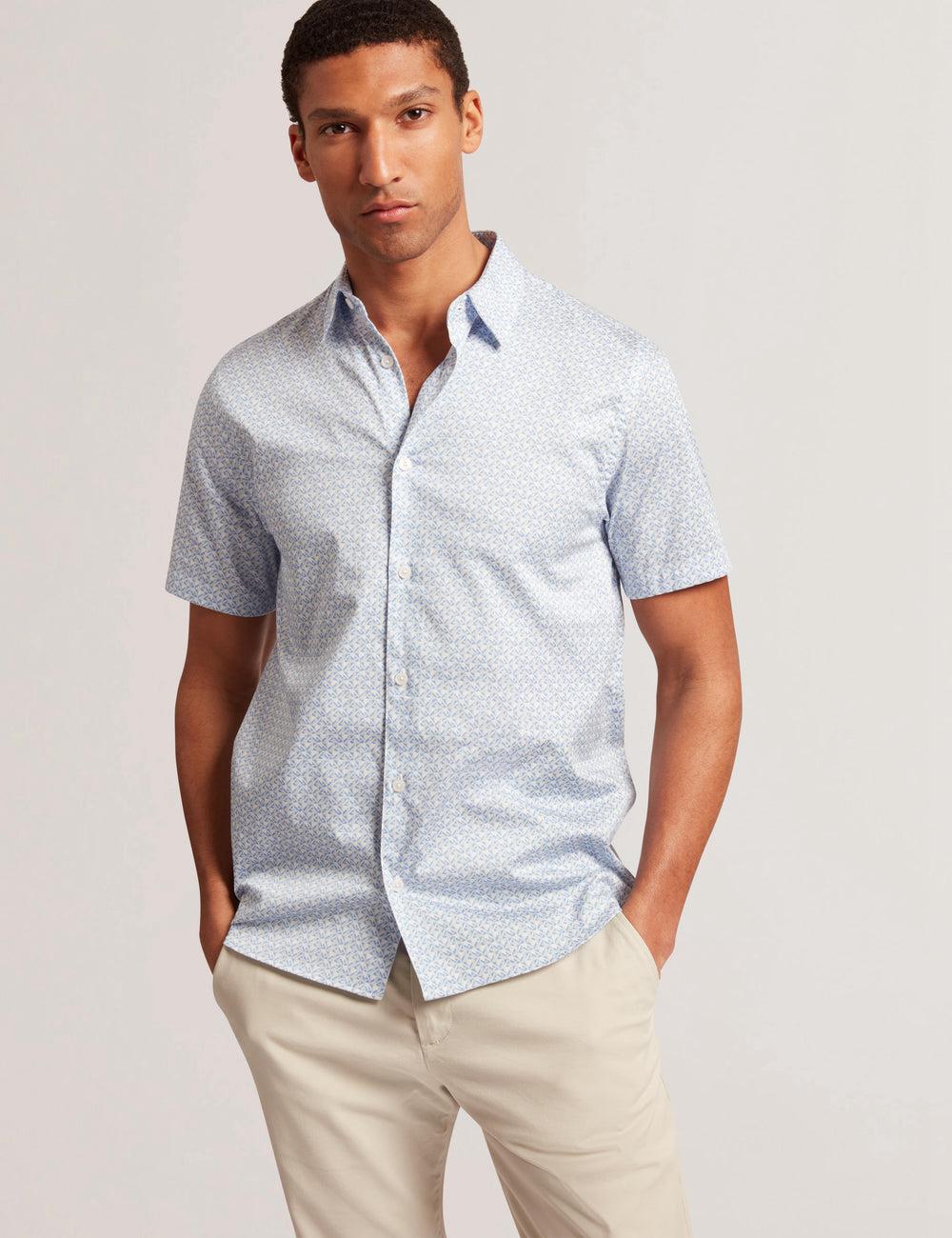 Ted Baker ALPHSO - SS Regular Fit Geo Men Casual Shirts Mid-Blue | UAE  14698-ZSUX