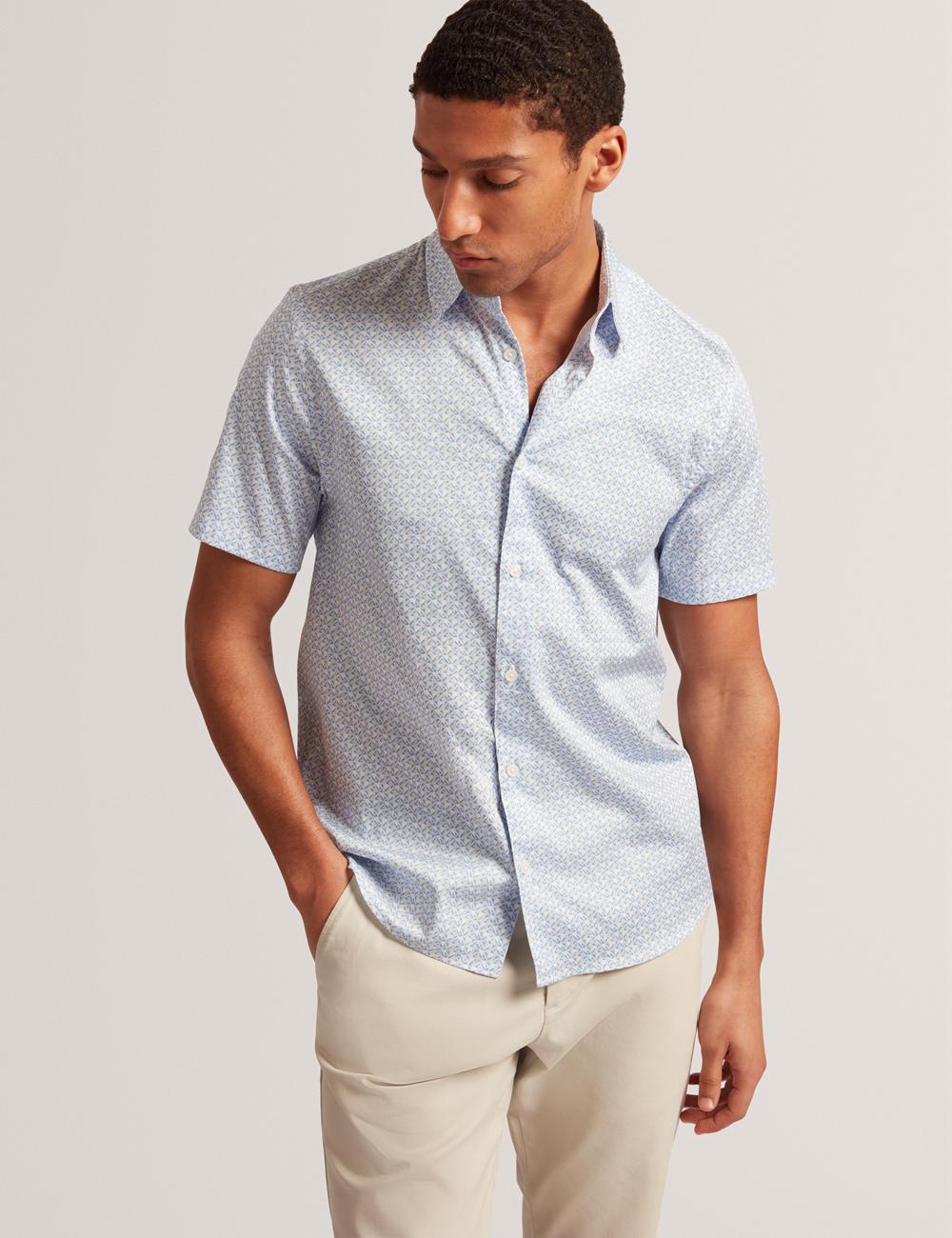 Ted Baker ALPHSO - SS Regular Fit Geo Men Casual Shirts Mid-Blue | UAE  14698-ZSUX
