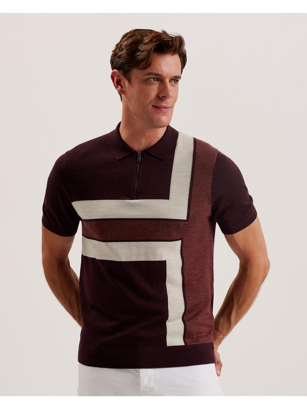 Ted Baker AMBLER - Colour Block Zip Neck Wool Men Polos Shirts Maroon | UAE  37206-LJUG