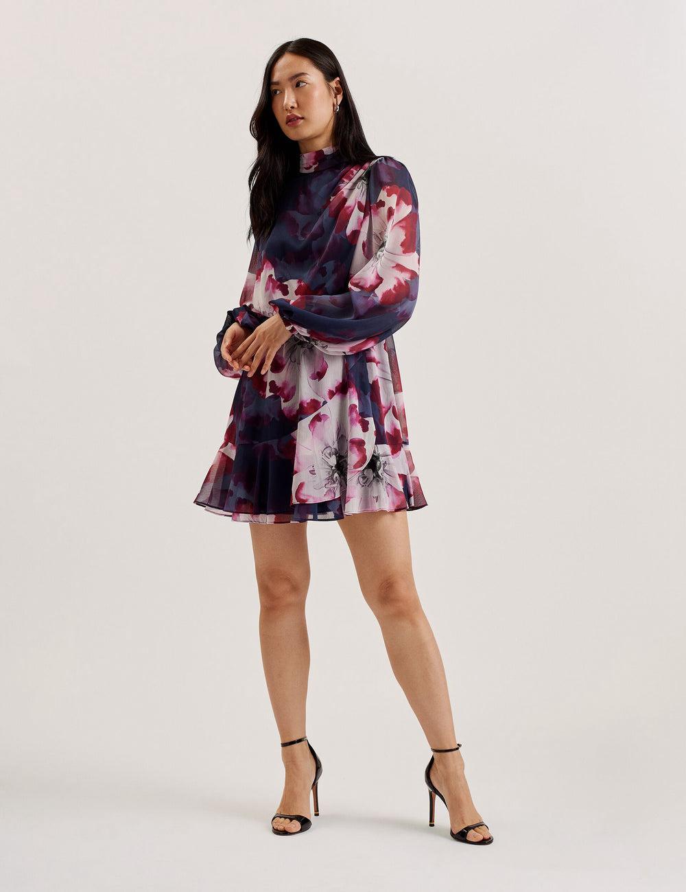 Ted Baker ARACELY - Floral High Neck Long Sleeve Women Mini Dresses Navy | UAE  02783-EPJX