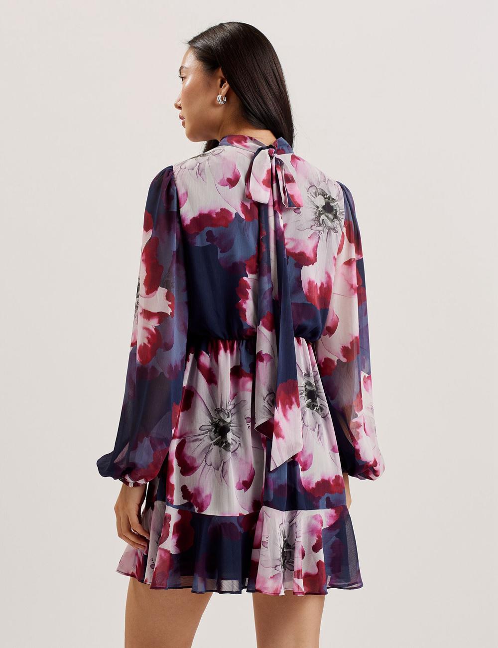 Ted Baker ARACELY - Floral High Neck Long Sleeve Women Mini Dresses Navy | UAE  02783-EPJX