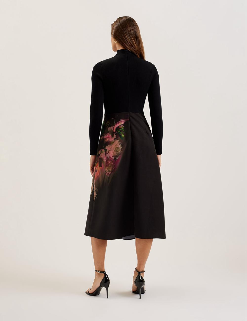 Ted Baker ASNES - Knit Bodice With Printed Skirt Women Midi Dresses Black | UAE  46917-XHQW
