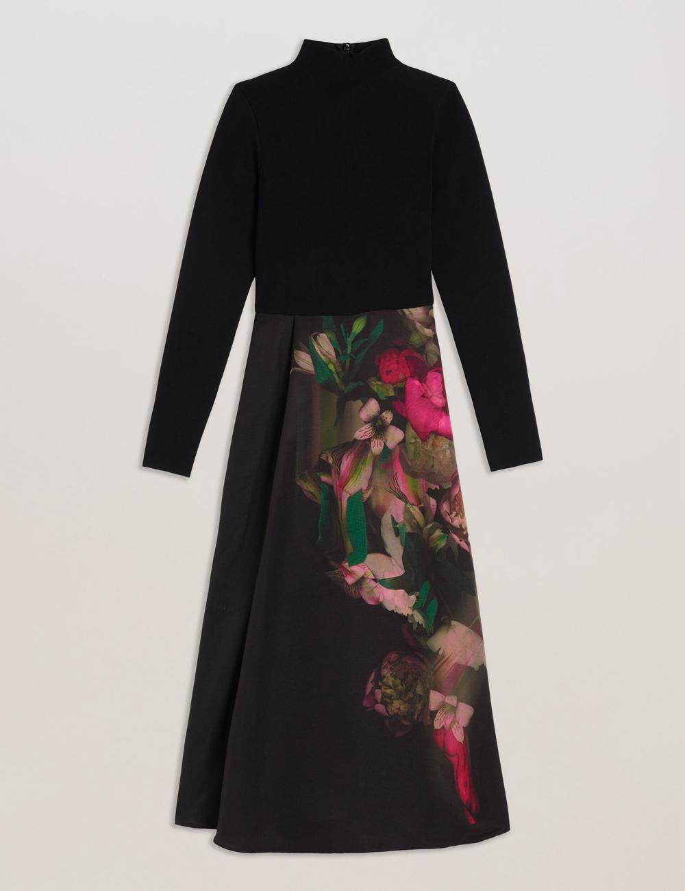 Ted Baker ASNES - Knit Bodice With Printed Skirt Women Midi Dresses Black | UAE  46917-XHQW