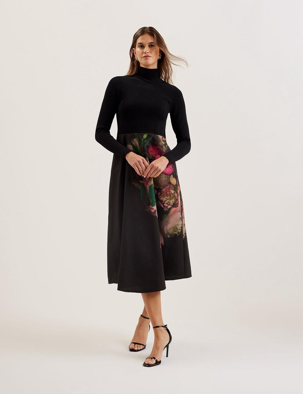 Ted Baker ASNES - Knit Bodice With Printed Skirt Women Midi Dresses Black | UAE  46917-XHQW