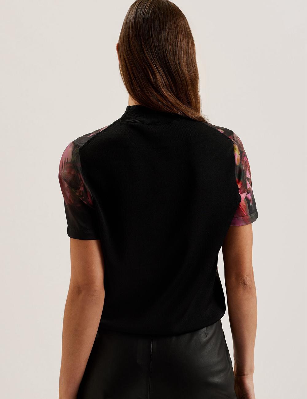 Ted Baker ASTHAA - Floral Woven Front Short Sleeve Top Women Blouses Black | UAE  08493-YOQP