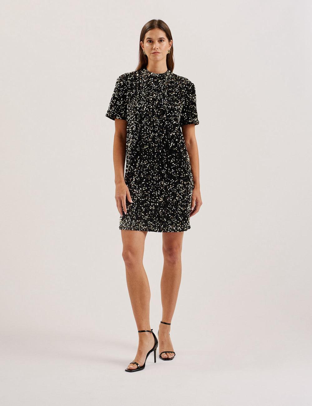 Ted Baker AUDRIYY - Sequin Embellished Velvet Shift Women Mini Dresses Black | UAE  61325-JSQB