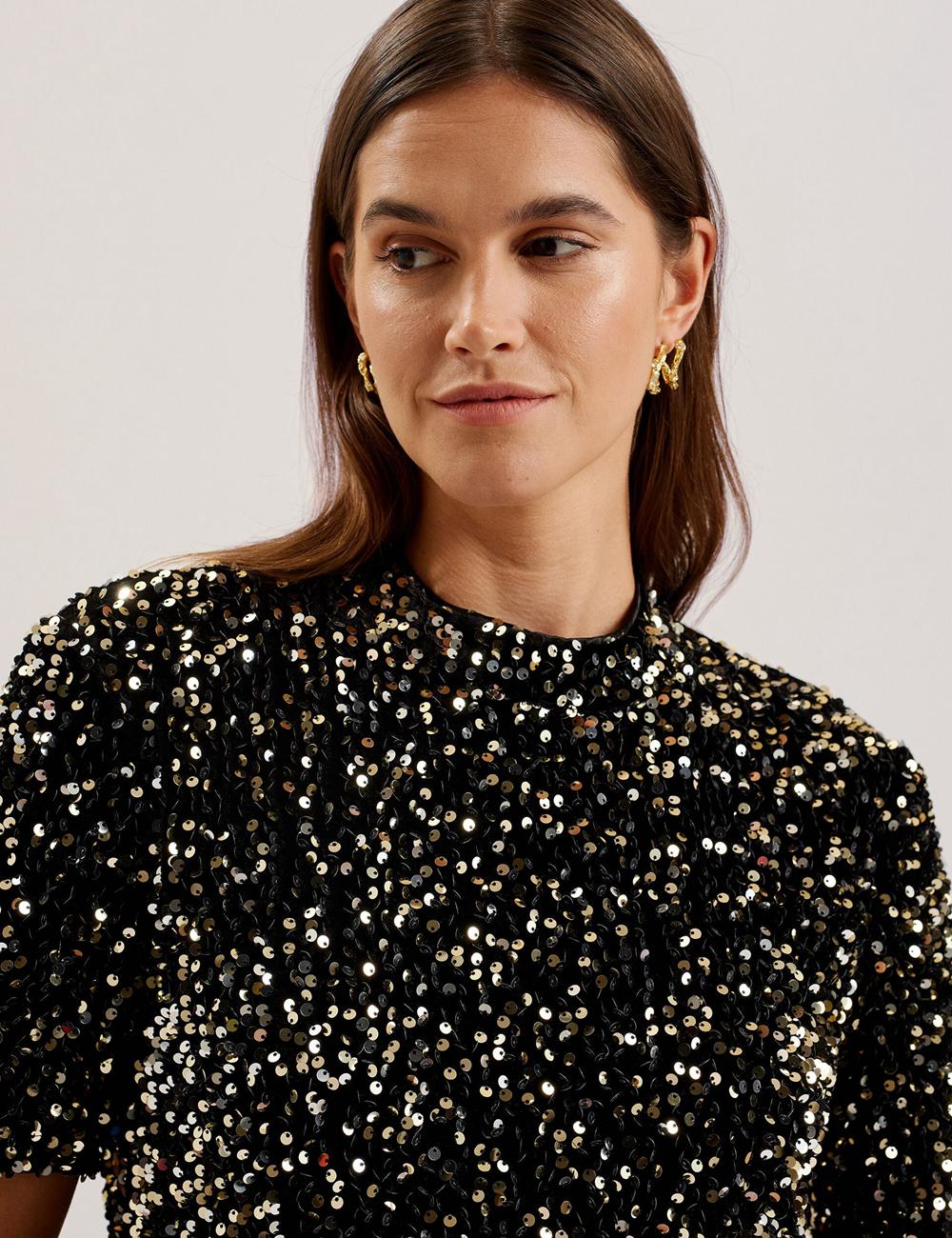 Ted Baker AUDRIYY - Sequin Embellished Velvet Shift Women Mini Dresses Black | UAE  61325-JSQB