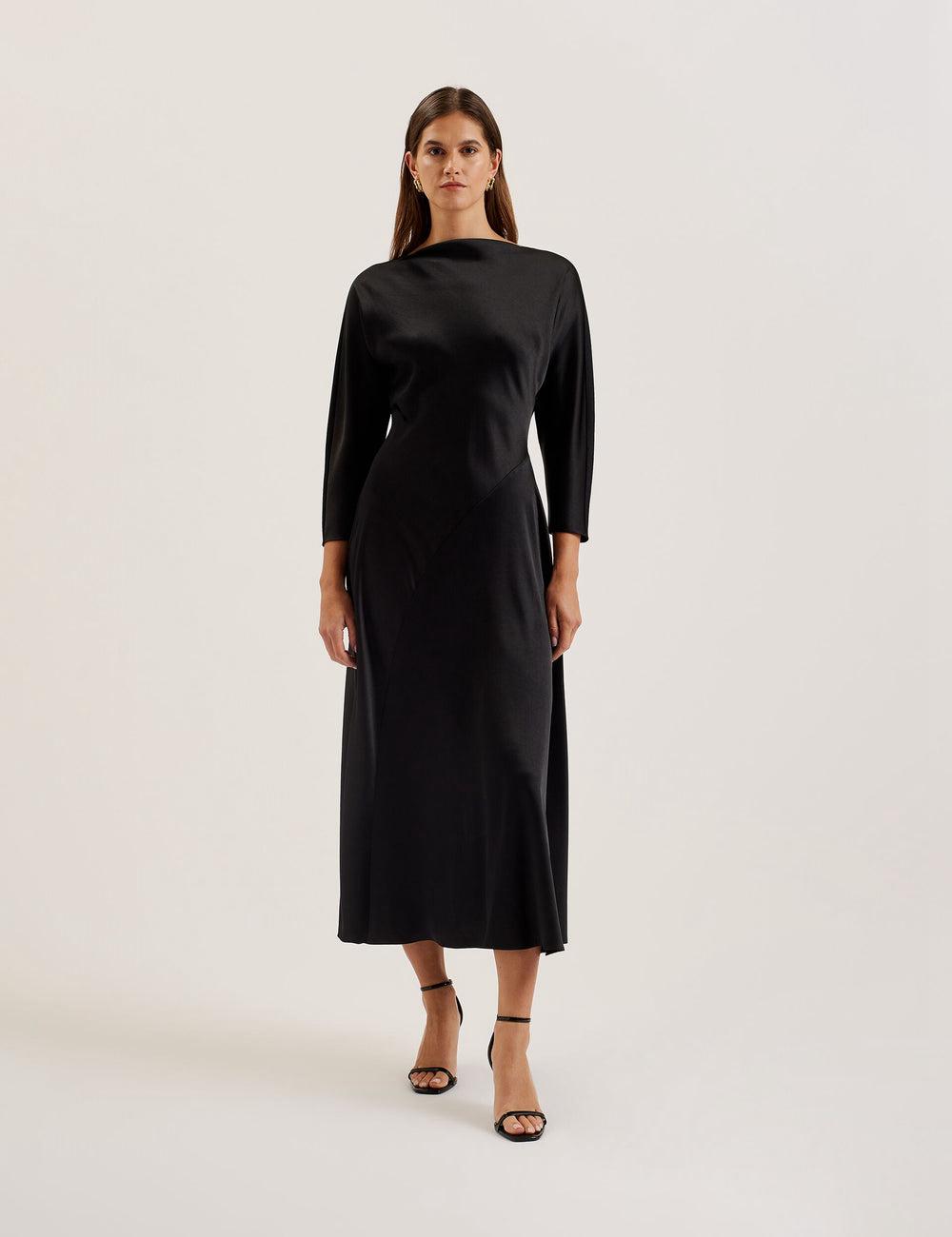 Ted Baker AVELLI - Satin Boat Neck A-Line Women Midi Dresses Black | UAE  57608-XGIJ