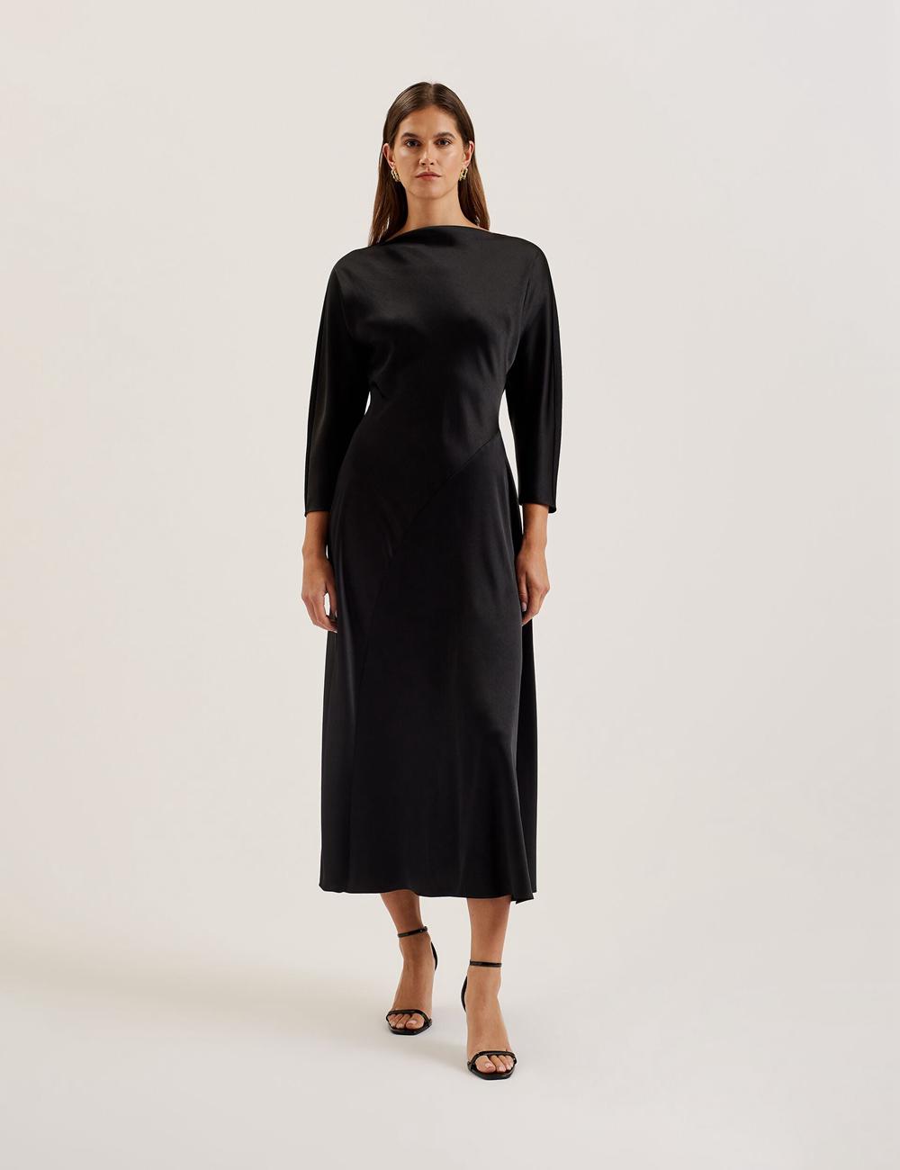 Ted Baker AVELLI - Satin Boat Neck A-Line Women Midi Dresses Black | UAE  57608-XGIJ
