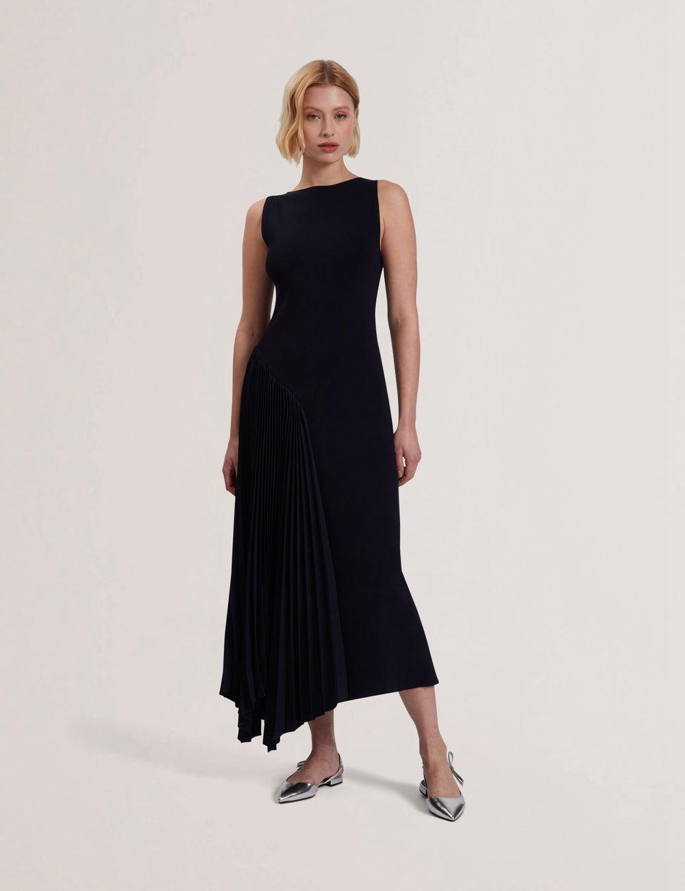 Ted Baker AZZINA - Pleated Panel Sleeveless Knitted Women Midi Dresses Navy | UAE  43091-FWRU