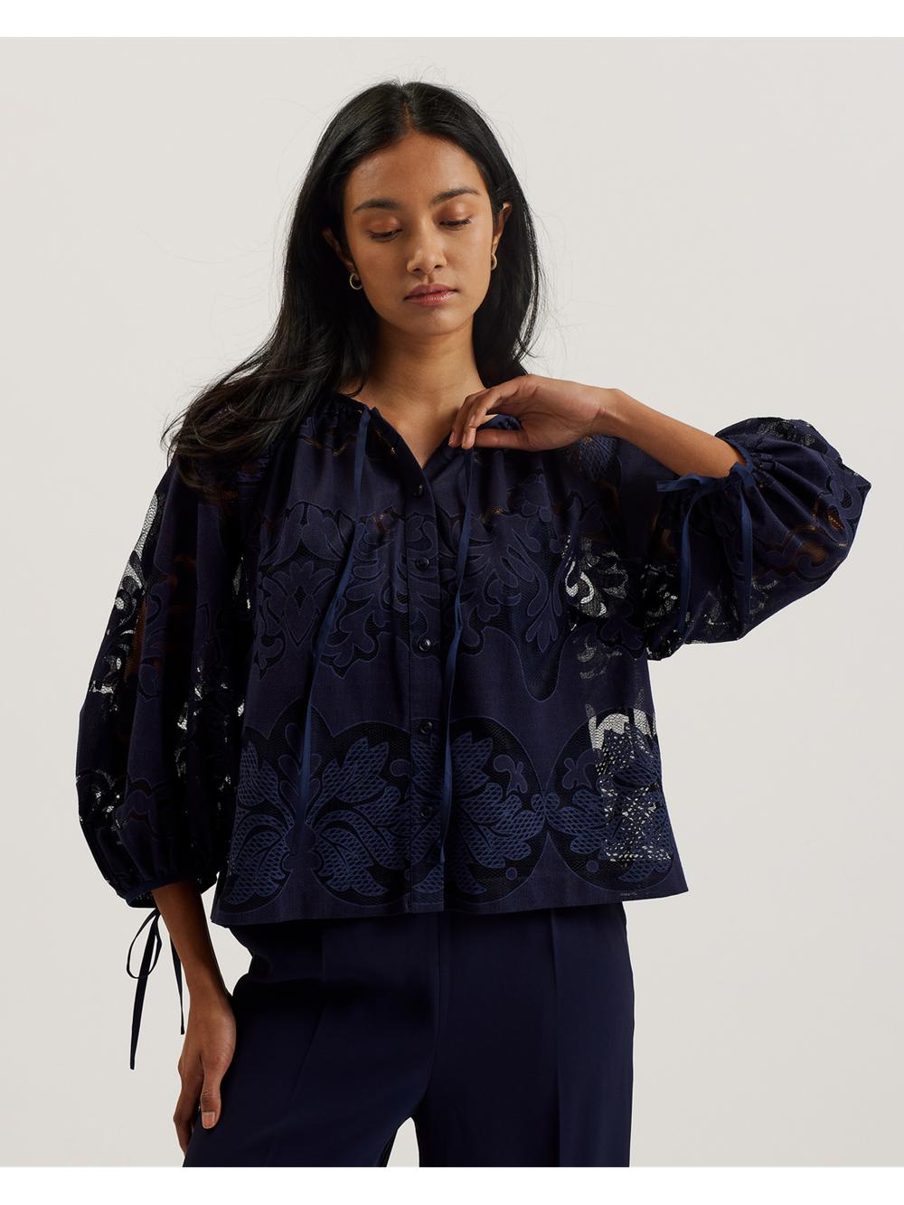 Ted Baker BACINA - Lace 3/4 Balloon Sleeve Women Blouses Dk-Blue | UAE  68412-LJXD