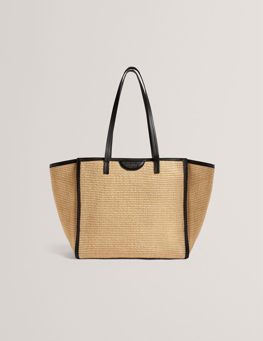 Ted Baker BARNI - Faux Raffia Leather Trim Large Shopper Women Shopper Bags Black | UAE  95168-JQPI