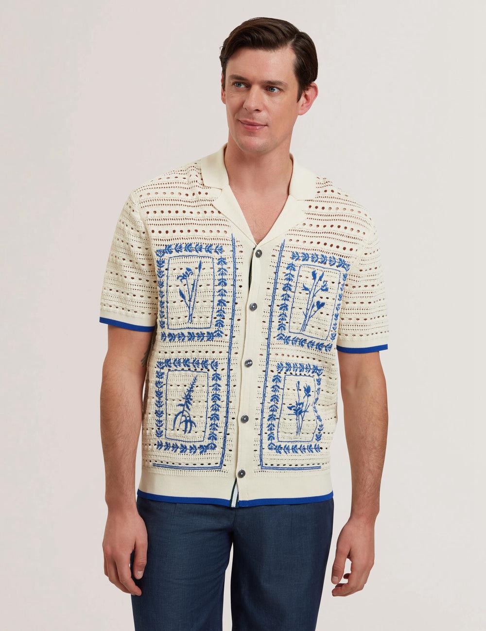 Ted Baker BARRI - Short Sleeve Crochet Embroidered Men Casual Shirts Ecru | UAE  79614-HXVP