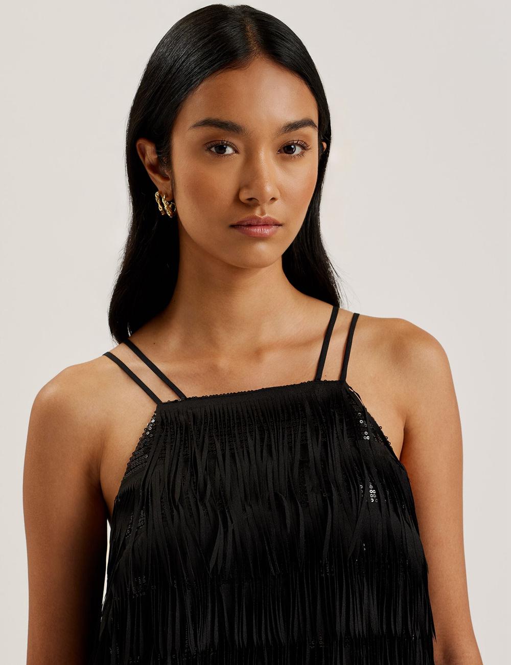 Ted Baker BARTIN - Fringed Sequin Halter Strap Women Mini Dresses Black | UAE  25410-IAYL