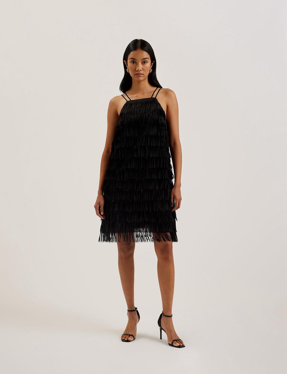 Ted Baker BARTIN - Fringed Sequin Halter Strap Women Mini Dresses Black | UAE  25410-IAYL