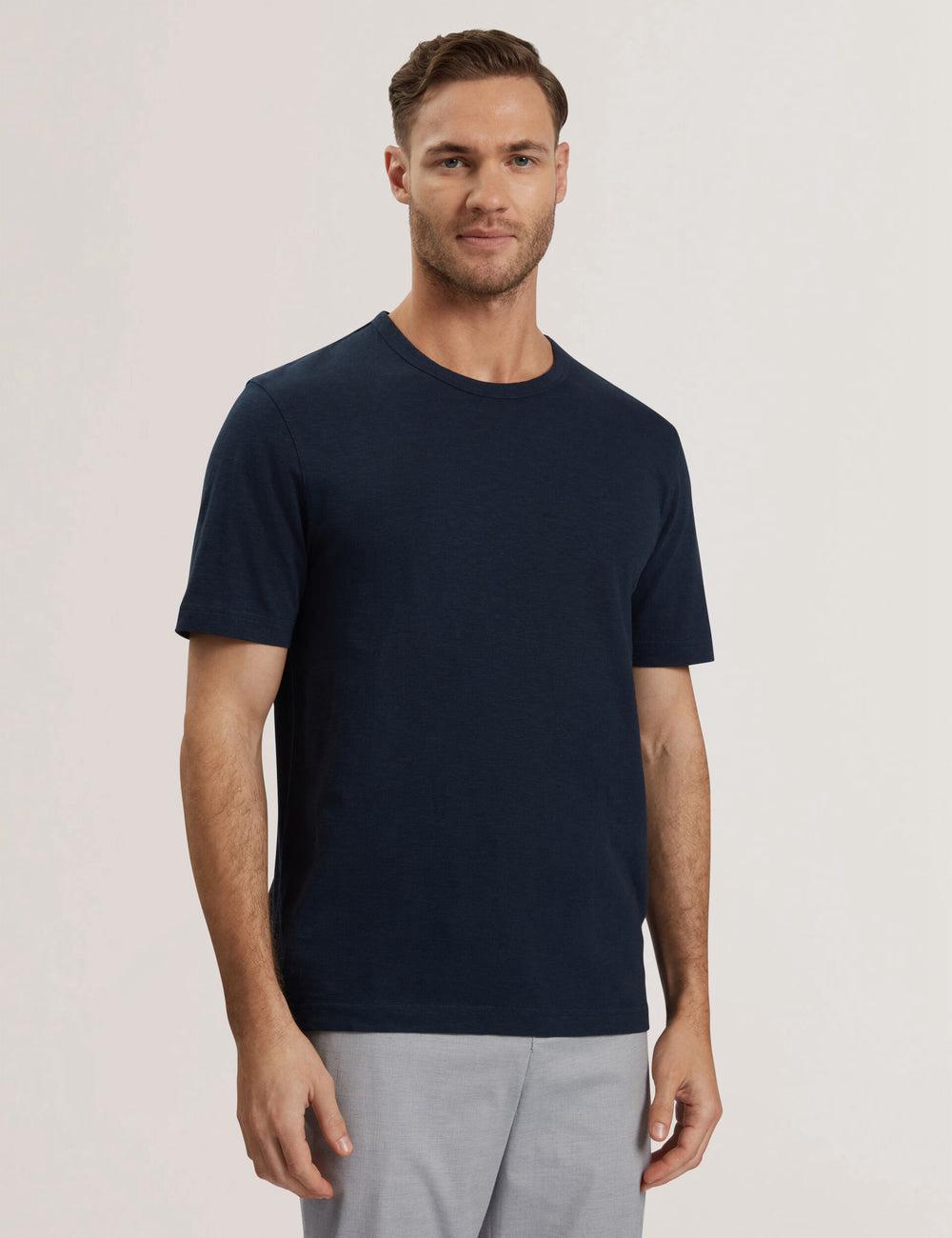 Ted Baker BARTOL - Regular Cotton Linen Crew Neck Men T-Shirts Navy | UAE  89063-CHGW
