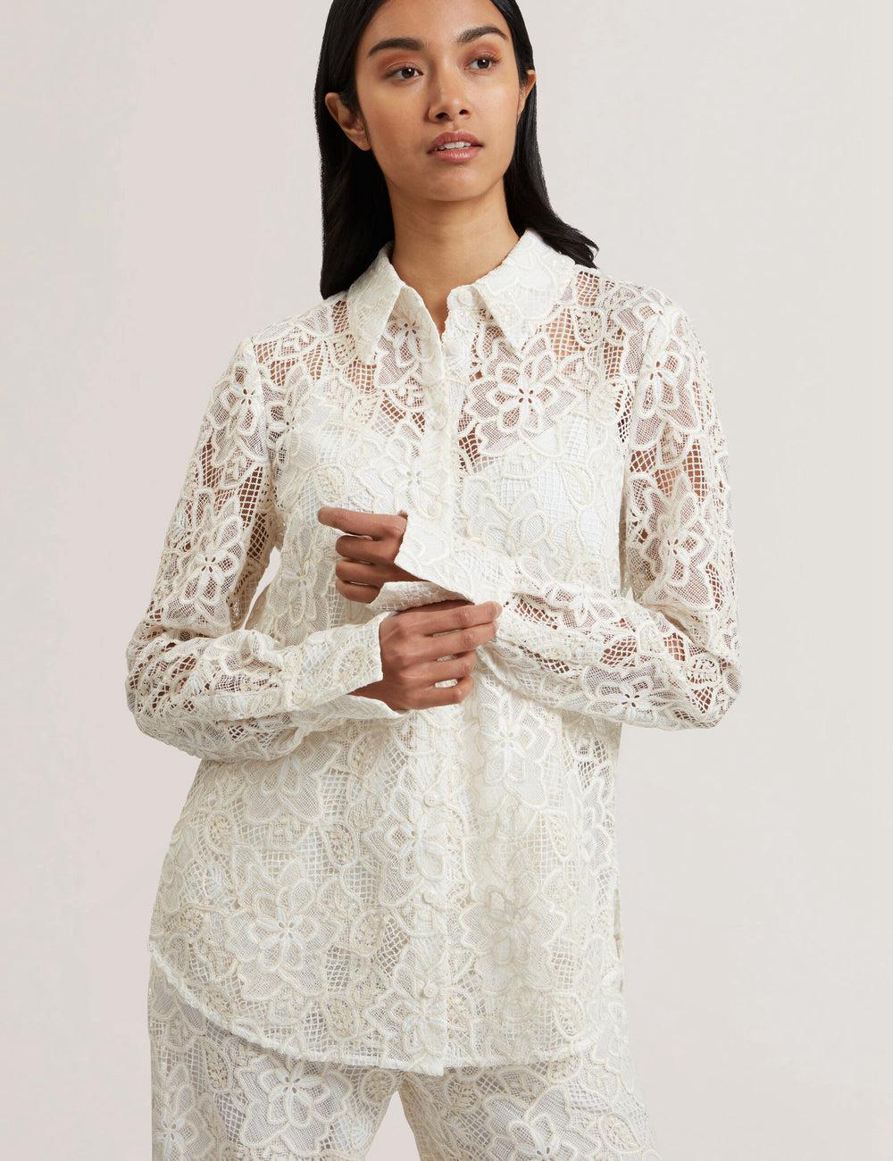 Ted Baker BLOND - Floral Lace Longline Cotton Shirt Women Tops Ivory | UAE  56218-AFBC