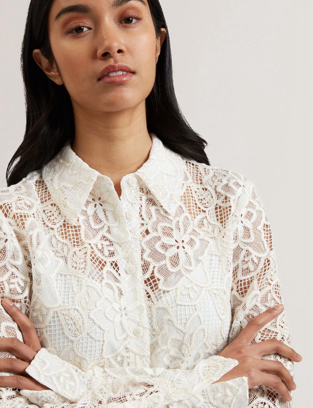 Ted Baker BLOND - Floral Lace Longline Cotton Shirt Women Tops Ivory | UAE  56218-AFBC
