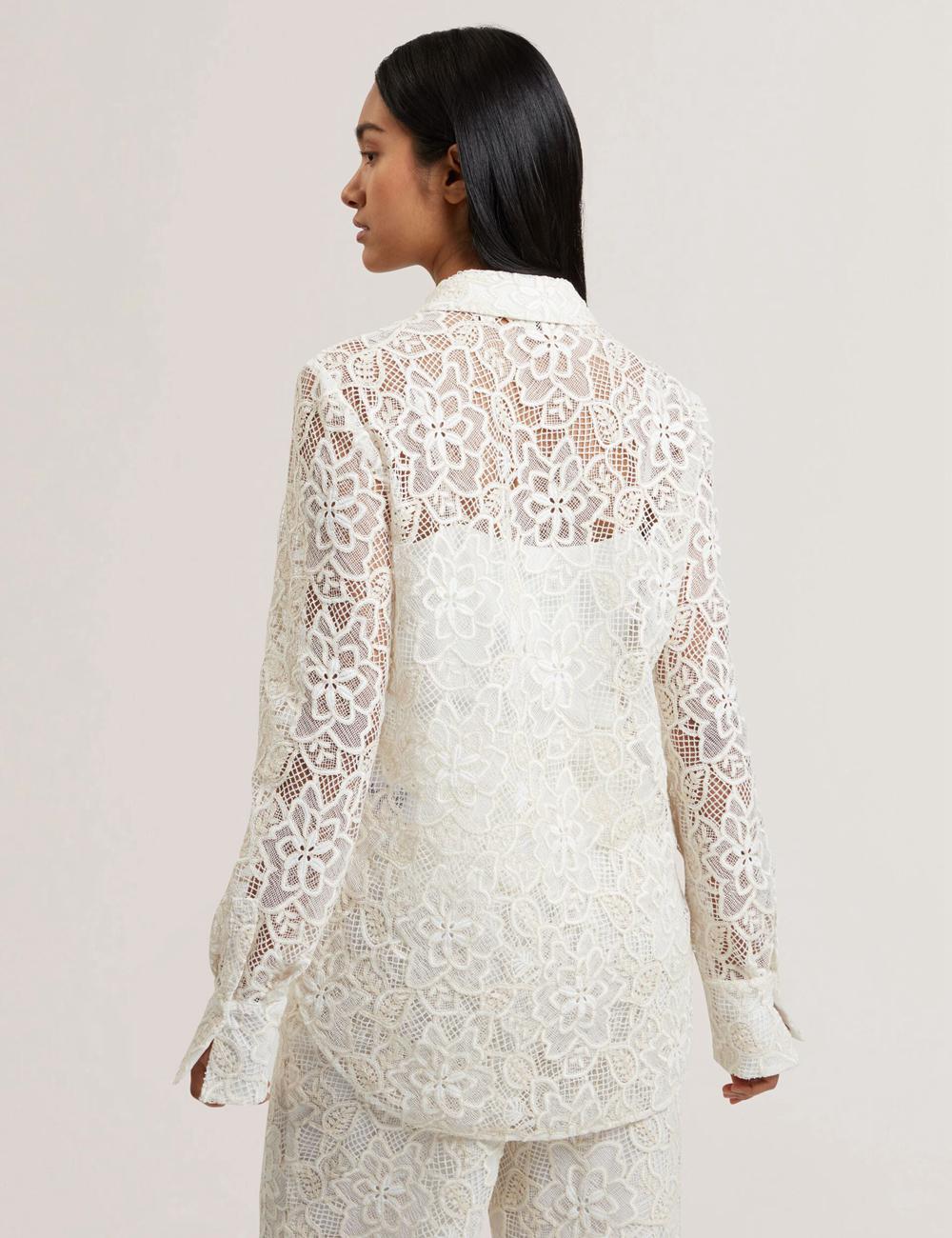 Ted Baker BLOND - Floral Lace Longline Cotton Shirt Women Tops Ivory | UAE  56218-AFBC
