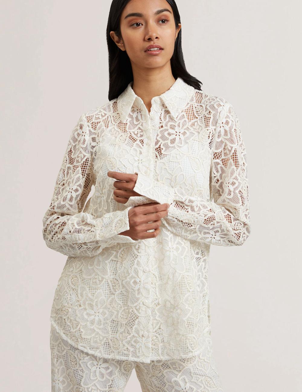 Ted Baker BLOND - Floral Lace Longline Cotton Shirt Women Tops Ivory | UAE  56218-AFBC