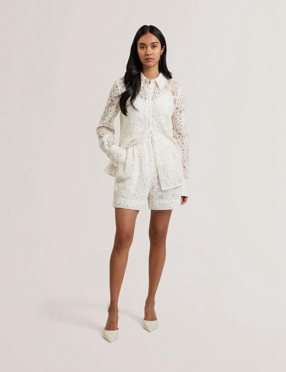 Ted Baker BOWIA - Lace High Waisted Tailored Women Shorts Ivory | UAE  32541-FAEC