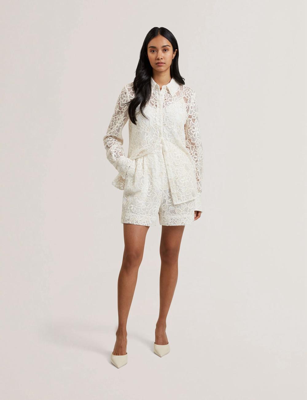 Ted Baker BOWIA - Lace High Waisted Tailored Women Shorts Ivory | UAE  32541-FAEC