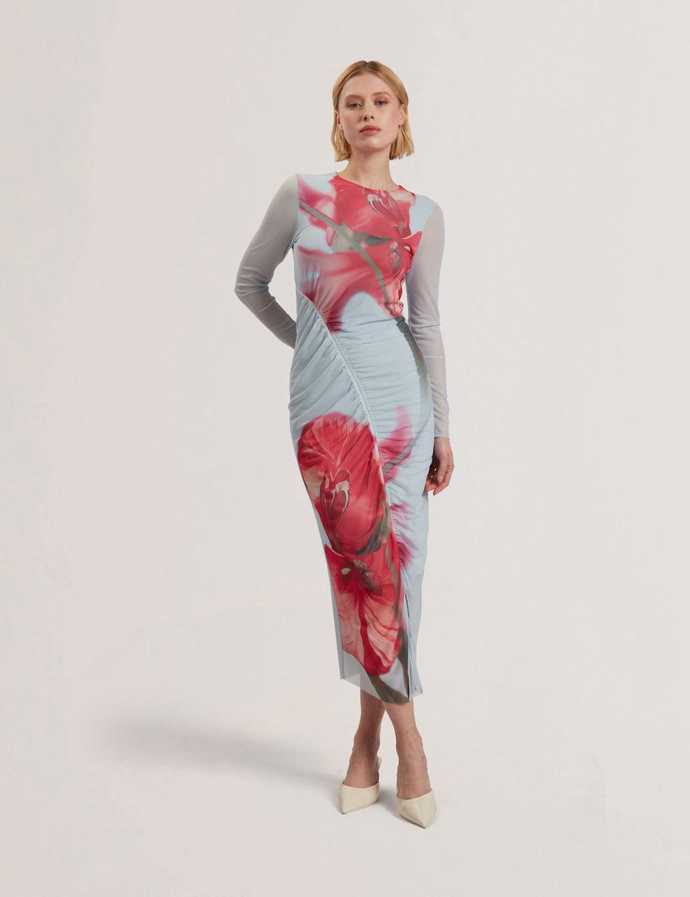 Ted Baker BOXNINE - Printed Mesh Gathering Bodycon Women Midi Dresses Blue | UAE  28963-JYQF