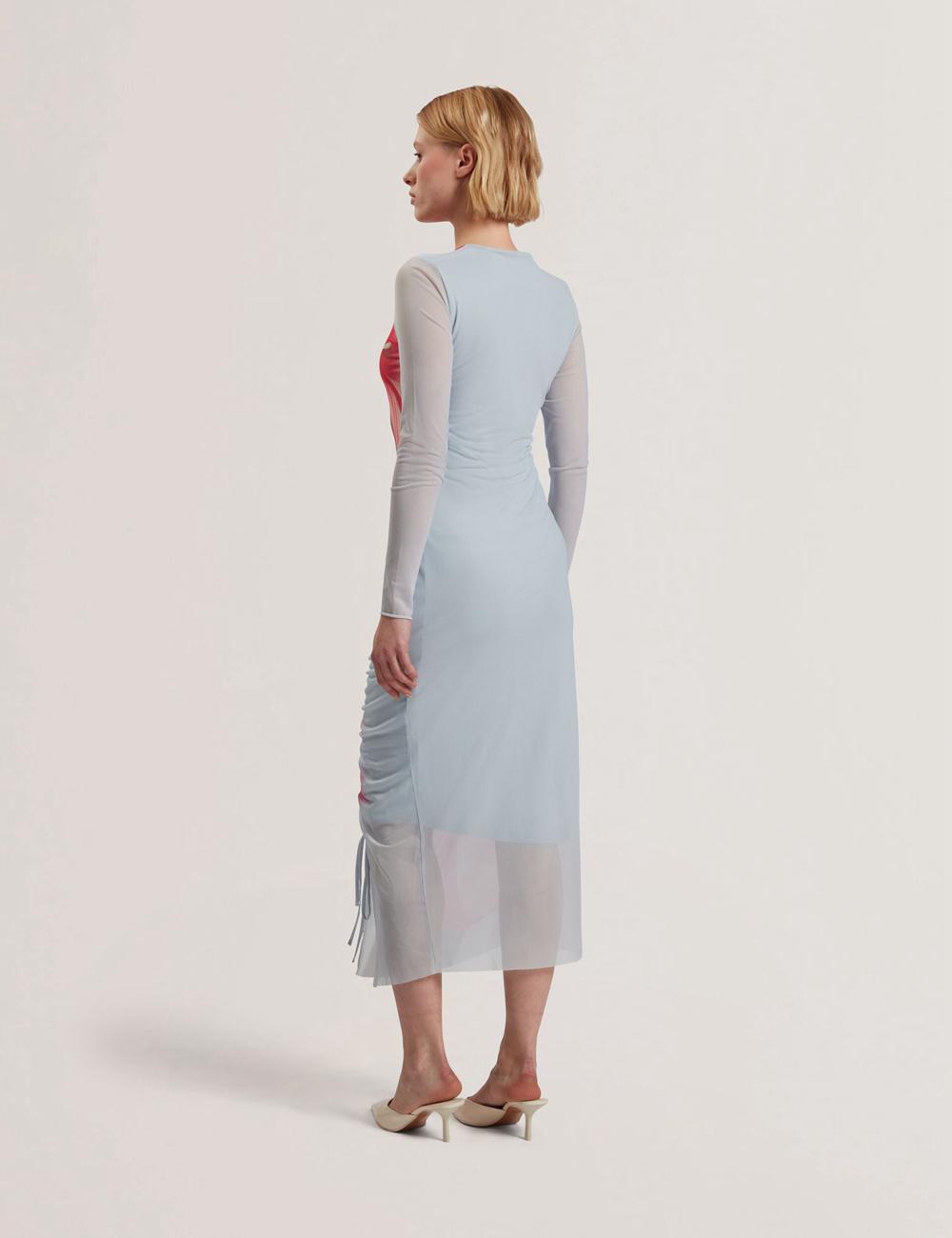 Ted Baker BOXNINE - Printed Mesh Gathering Bodycon Women Midi Dresses Blue | UAE  28963-JYQF
