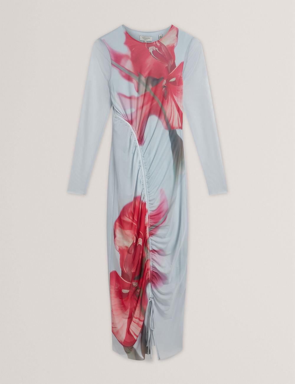 Ted Baker BOXNINE - Printed Mesh Gathering Bodycon Women Midi Dresses Blue | UAE  28963-JYQF