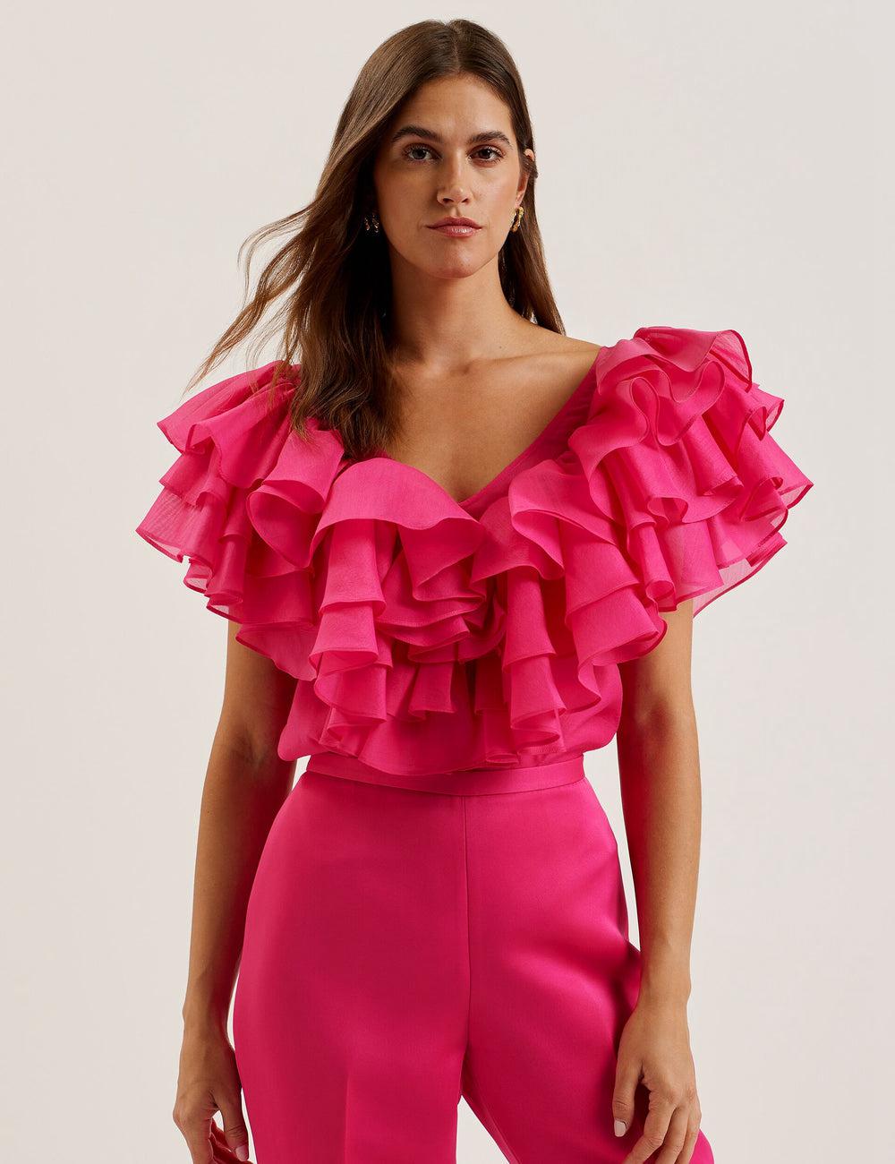 Ted Baker CALONDA - Oversized Frill Trim V-Neck Top Women Blouses Fuchsia | UAE  48519-HERM