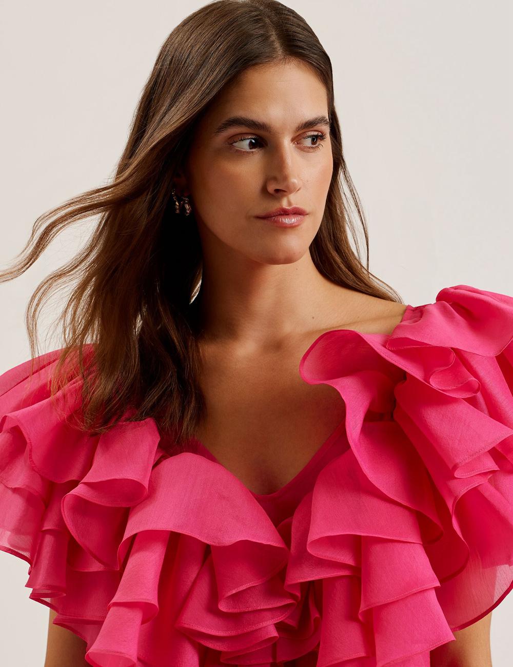 Ted Baker CALONDA - Oversized Frill Trim V-Neck Top Women Blouses Fuchsia | UAE  48519-HERM