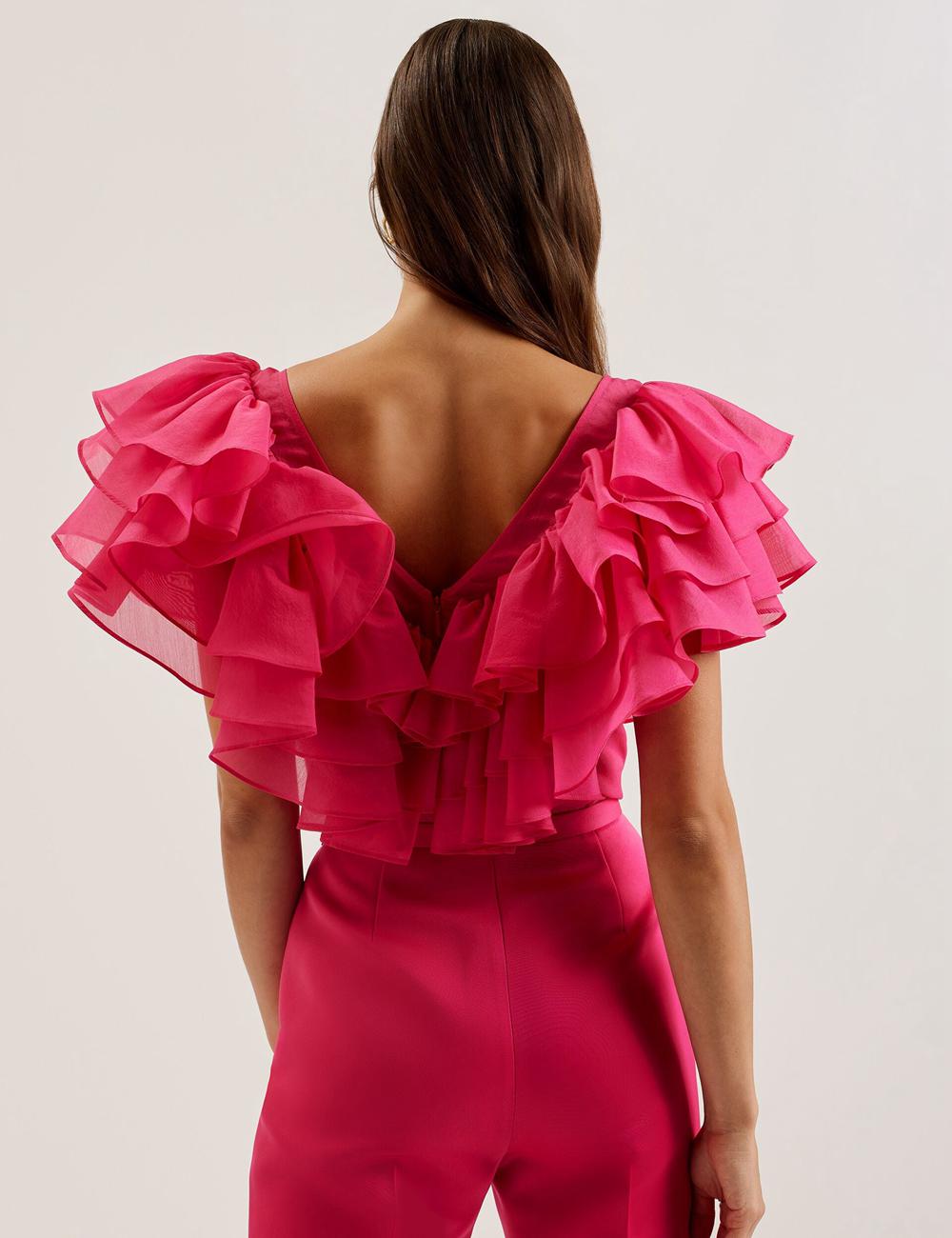 Ted Baker CALONDA - Oversized Frill Trim V-Neck Top Women Blouses Fuchsia | UAE  48519-HERM