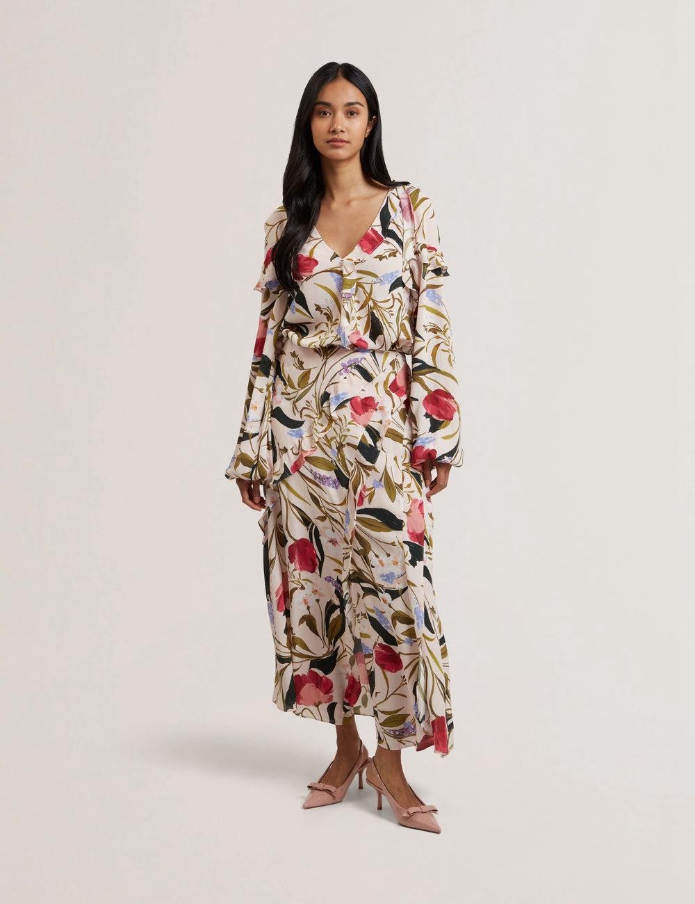Ted Baker CANDICI - Floral Print Frill Trim With Split Women Midi Skirts Pink | UAE  07968-GBTS