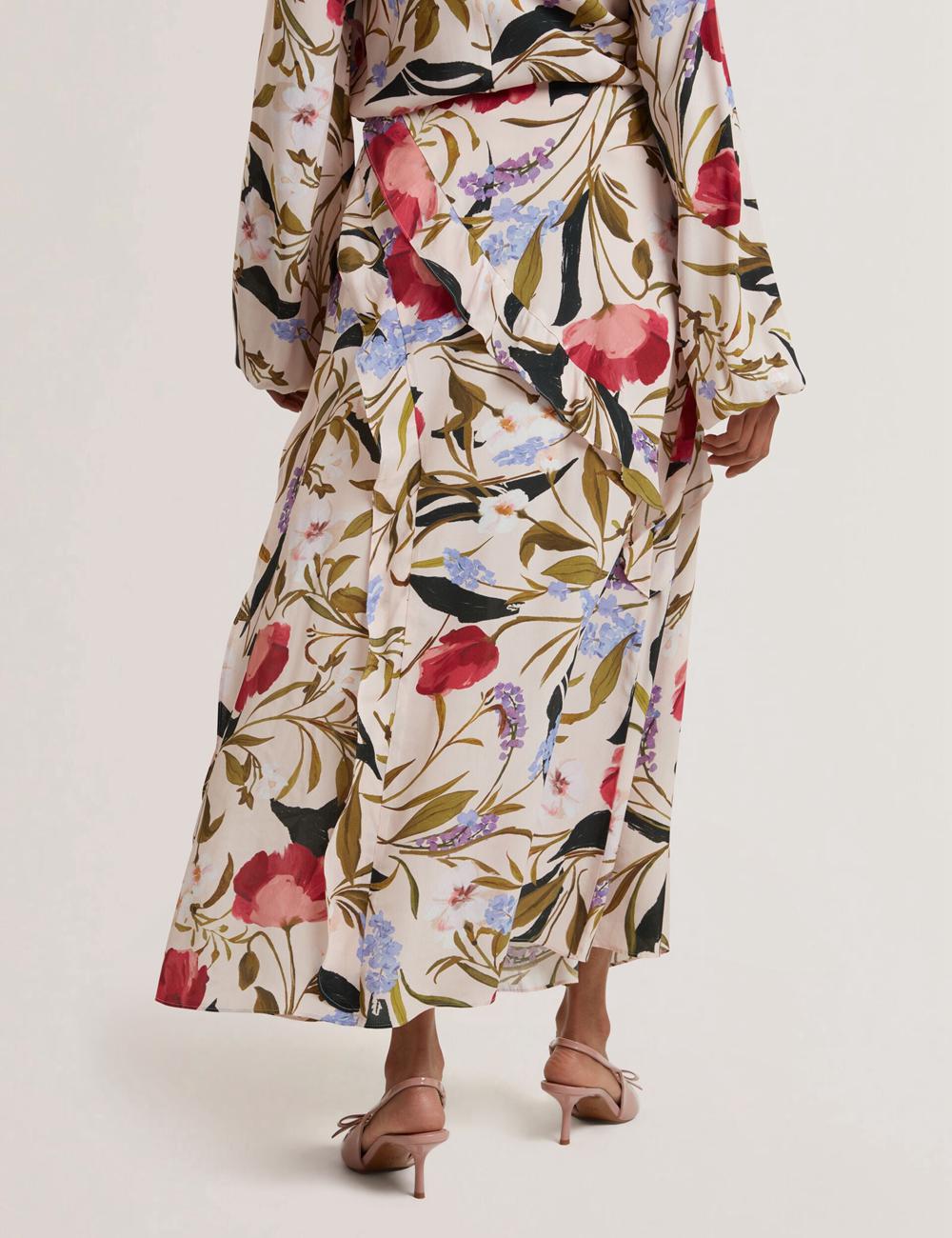 Ted Baker CANDICI - Floral Print Frill Trim With Split Women Midi Skirts Pink | UAE  07968-GBTS
